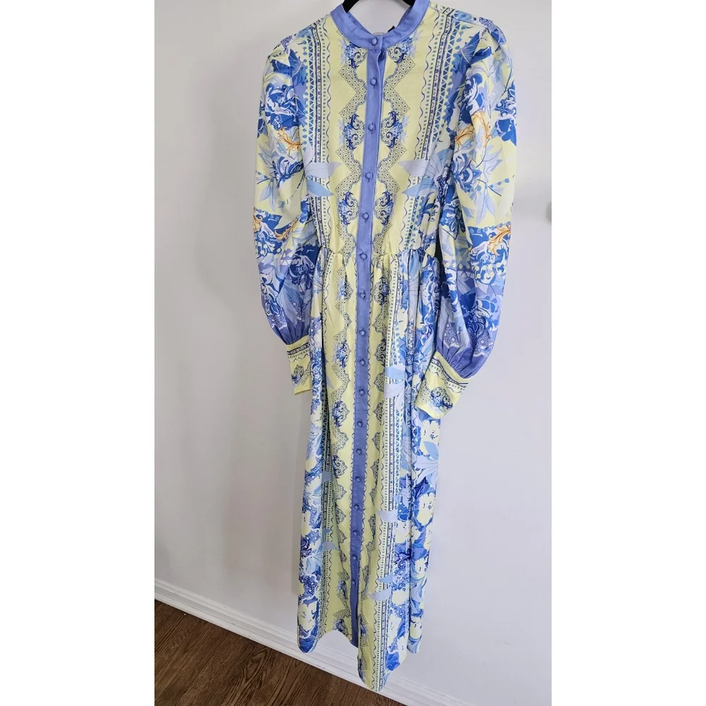 White Sandstorm Kalliope Floral Blue & Yellow Long Puffed Sleeve Maxi Dress - Picture 2 of 14